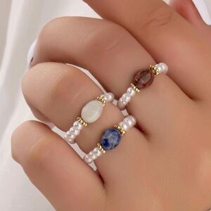 Triple Pearl Bead Ring with Blue, White & Brown Gemstone Accents